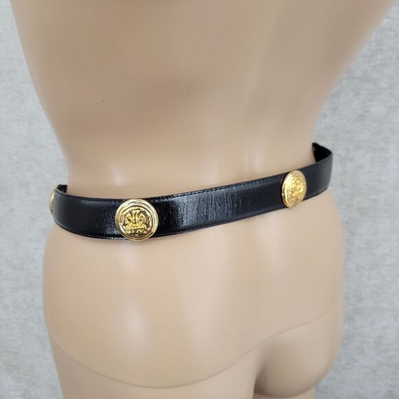 Black Leather Belt with Gold Toned Crest Medallions Conchos - Picture 4 of 12